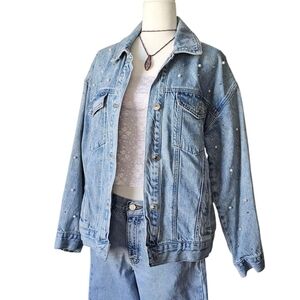 Forever 21 Light Blue Denim Jacket with Pearl Details